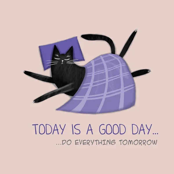 Kreslená Legrační Černá Kočka Nápis Dnes Dobrý Den Digitální Ručně — Stock fotografie