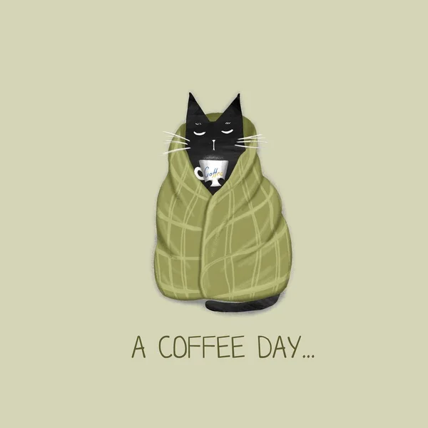 卡通滑稽黑猫和题词 一个咖啡日 数字手绘插图 — 图库照片