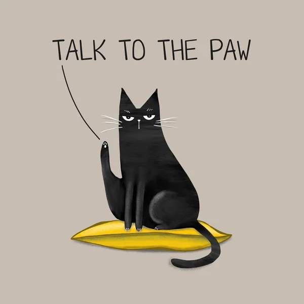 Dibujos Animados Divertido Gato Negro Inscripción Hable Con Pata Ilustración — Foto de Stock
