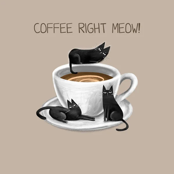 Cartoon Funny Black Cat Nápis Coffee Right Mňau Digitální Ručně — Stock fotografie