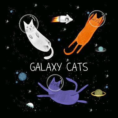 Uzayda kediler. Kedi astronotla güzel bir tipografi baskısı. Çocuklar için grafiksel tişörtler, baskılar, kart