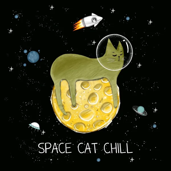Koty Kosmosie Ładny Odcisk Typografu Kocim Astronautą Dla Dzieci Koszulki — Zdjęcie stockowe
