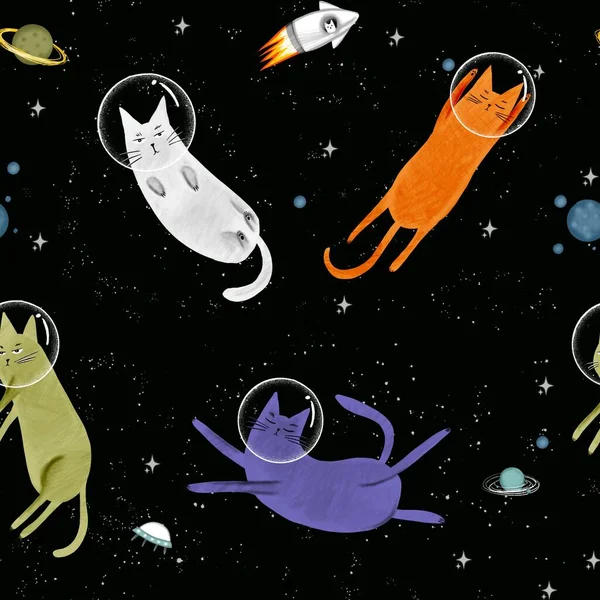 Koty Kosmosie Ładny Odcisk Typografu Kocim Astronautą Dla Dzieci Koszulki — Zdjęcie stockowe