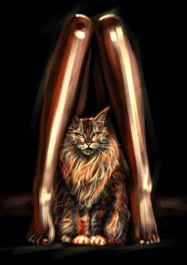 Sexy woman and cat on black background. Hand draw illustration clipart
