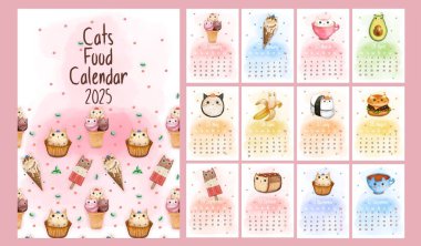Takvim 2025, sevimli yemek kedileriyle. 12 aylık sayfaları ayarla. El çizimi illüstrasyon