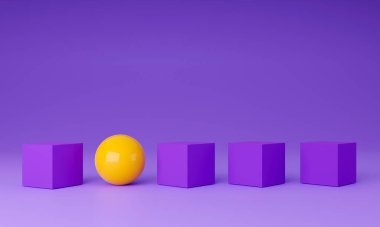 Sarı top ya da küre mor kübik kalabalıktan göze çarpıyor. Farklı düşün, iş başarısı konsepti. 3B Hazırlama.