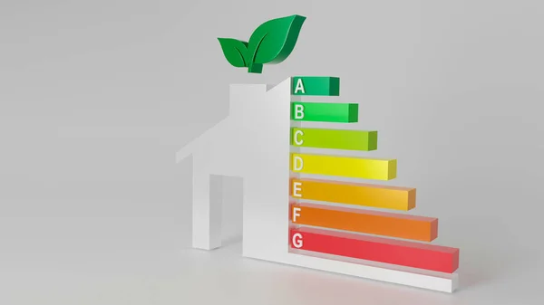 Enerji verimliliği şeması ve beyaz arka planda yeşil enerji. 3B görüntüleme.