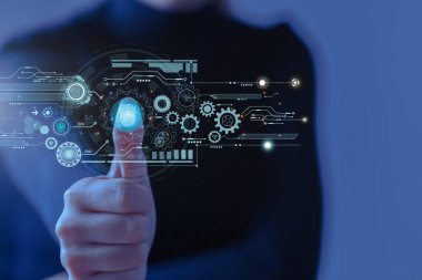 Businessman scanning his fingerprint to enter biometric protected system. Concept of protecting data access and usage through biometric authentication.