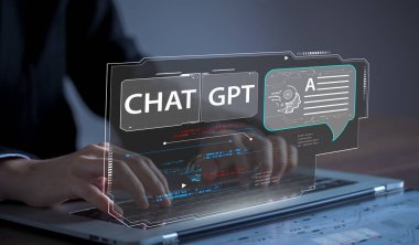 Person sit in front of their laptops, fingers typing on keyboards and using virtual ChatGPT screen providing real-time assistance. 