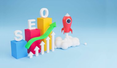 SEO Arama Motoru İyimserleştirme, web sitesindeki trafiği yükseltme, web sitenizi arama motoru veya SEO olarak sıralamak için optimize etme kavramı. 3B Resim Hazırlama.