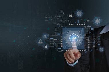 Siber ve internet güvenliği kavramı, kurumsal veri koruması, kullanıcı mahremiyeti yapay zeka teknolojisi kullanımı.