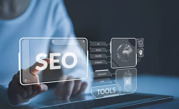 Search Engine Optimization, concept for promoting ranking traffic on website, admins using SEO tools to get their websites ranked in top search rankings in search engine.