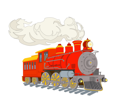 Bacadan çıkan beyaz dumanla raylara kırmızı bir tren çiziyor.