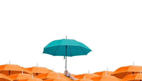 Parapluie Bleu Vert Sur Parapluies Orange Isolé Sur Fond Blanc — Photo