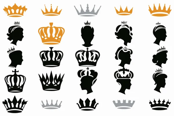 Силуэты Королевы Короны Набор Иллюстрации Векторный Дизайн Коллекции — стоковый вектор