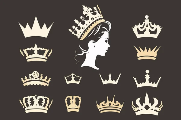 Sada Siluet Queen Crown Sada Ilustračních Vektorových Návrhů — Stockový vektor