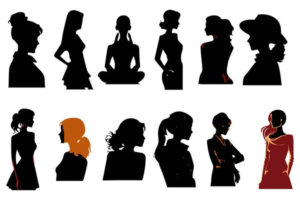 Frauen Setzen Schwarze Silhouette Isolierten Vektor — Stockvektor