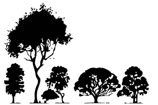 Bäume Und Waldsilhouetten Setzen Isolierte Vektorillustration — Stockvektor