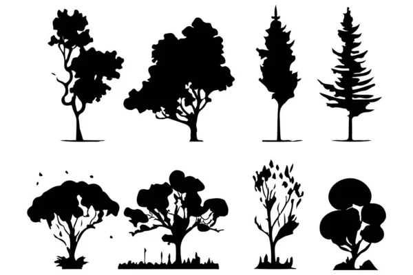Bomen Bossen Silhouetten Set Geïsoleerde Vector Illustratie — Stockvector