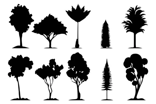 Bäume Und Waldsilhouetten Setzen Isolierte Vektorillustration — Stockvektor