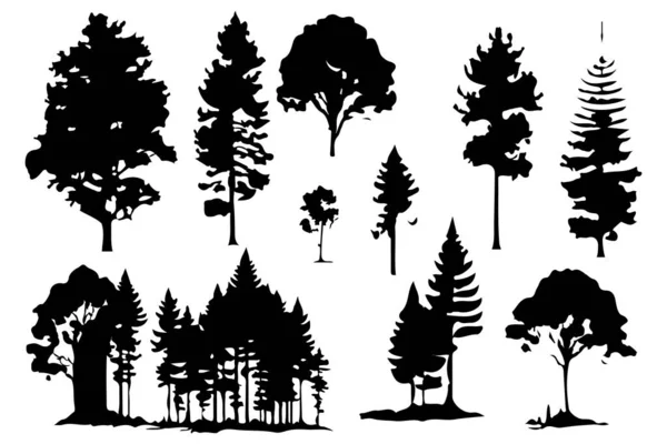 Alberi Silhouette Forestali Insieme Isolato Illustrazione Vettoriale — Vettoriale Stock