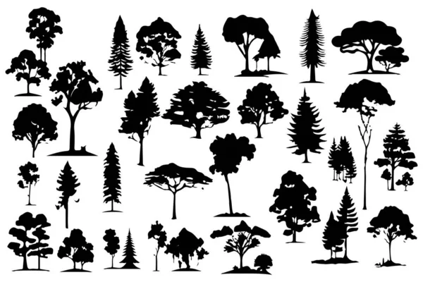 Bomen Bossen Silhouetten Set Geïsoleerde Vector Illustratie — Stockvector
