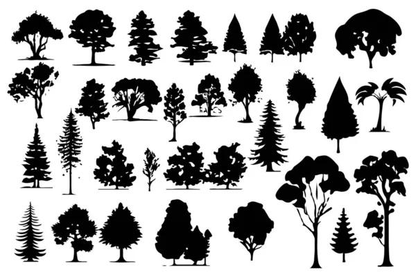 木や森のシルエットが孤立したベクトルイラストを — ストックベクタ