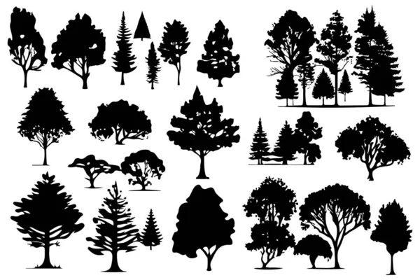 Alberi Silhouette Forestali Insieme Isolato Illustrazione Vettoriale — Vettoriale Stock
