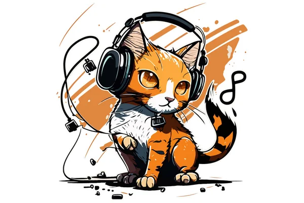 Gato Usando Fones Ouvido Ilustração Vetorial — Vetor de Stock