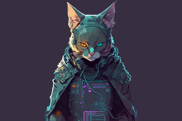 猫のサイバーパンクベクトルイラスト — ストックベクタ