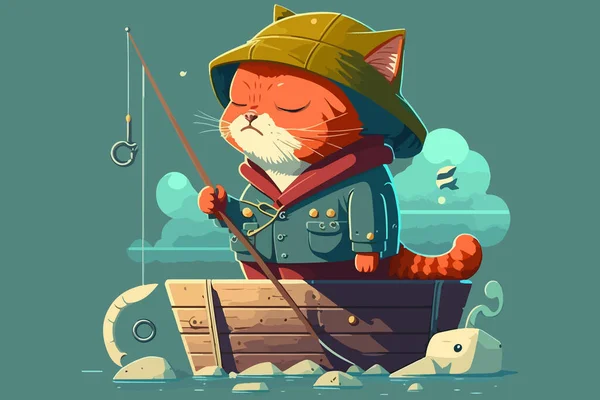 Balıkçı Kedi Vektör Illüstrasyonu — Stok Vektör