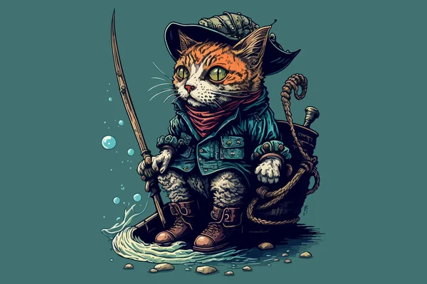 Pescatore Gatto Vettoriale Illustrazione — Vettoriale Stock