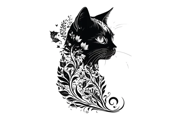 Gato Tatuagem Preto Branco Vetor Ilustração —  Vetores de Stock