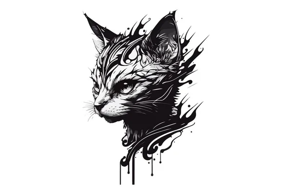 Kot Tatuaż Czarny Biały Wektor Ilustracja — Wektor stockowy
