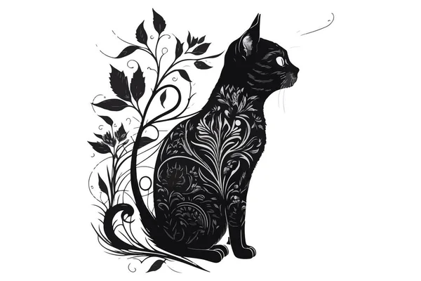Kedi Dövmesi Siyah Beyaz Vektör Çizimi — Stok Vektör
