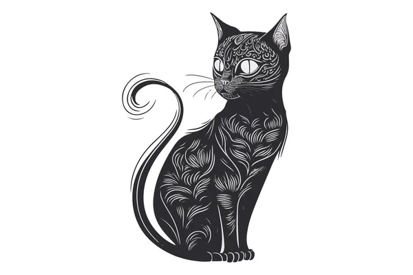 Gato Tatuaje Negro Blanco Vector Ilustración — Vector de stock