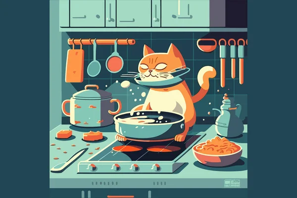 Cat Cooking Vector Illustration — Vetor de Stock