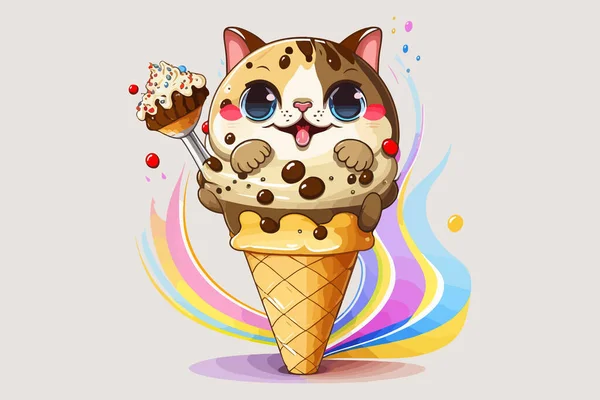Cat Eat Ice Cream Vector Illustration — Stock Vector