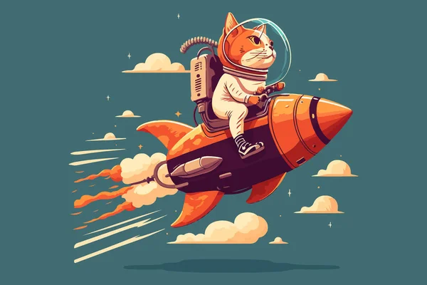 ロケットベクトルイラストに乗る猫 — ストックベクタ