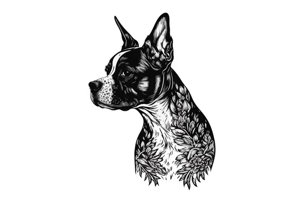 Tatuaggio Del Cane Illustrazione Vettoriale Bianco Nero — Vettoriale Stock