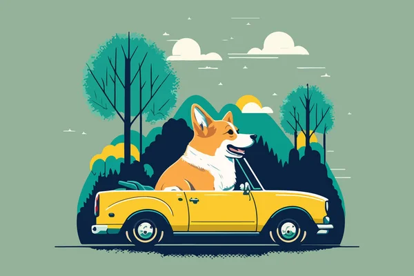 Hund Reitet Auf Einem Auto Vektor Illustration — Stockvektor