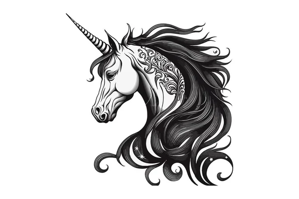 Unicorno Tatuaggio Bianco Nero Vettoriale — Vettoriale Stock