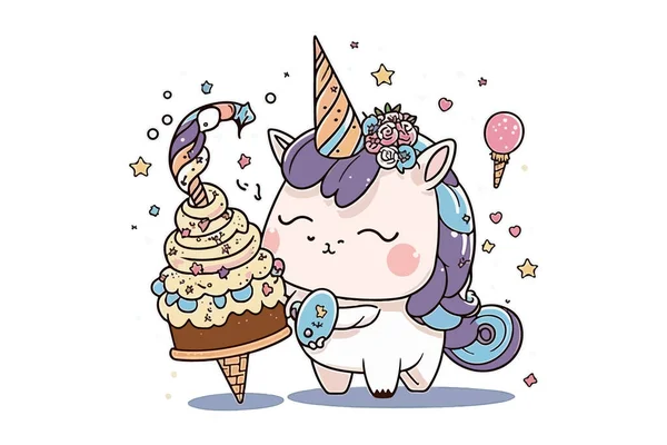 Kawaii Unicorn Birthday Vector Illustration - Stok Vektor