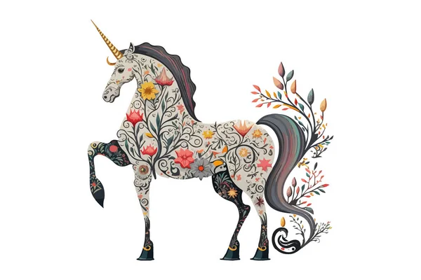 Ilustrasi Gaya Seni Rakyat Unicorn - Stok Vektor