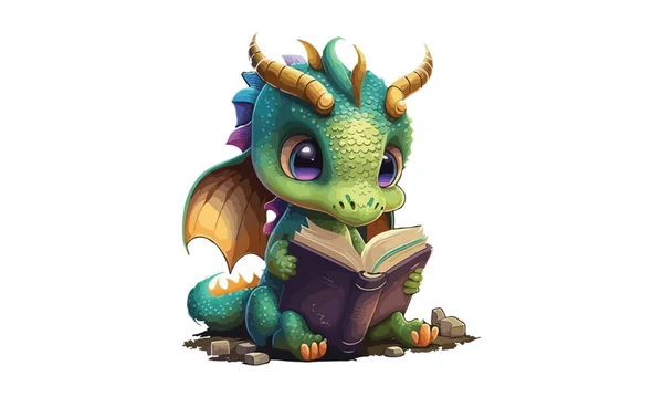 Dragon Reading Book Vector Illustration — Stok Vektör