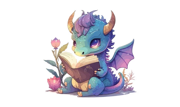Dragon Membaca Buku Vektor Ilustrasi - Stok Vektor