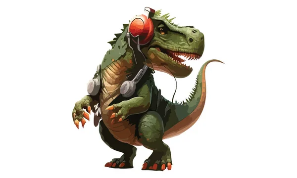 ヘッドフォンベクトルイラストを身に着けている恐竜 — ストックベクタ