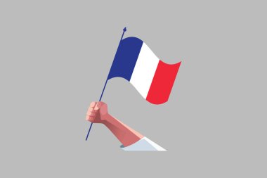 Fransız bayrağını tutan bir el, Fransa Bayrağı ulusal ülke sembolü Vektör, dikdörtgen Fransız bayrağı illüstrasyonu, düz vektör illüstrasyonu