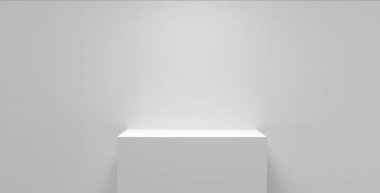 Model için en az arkaplan içerisindeki beyaz küp kaidesinin 3 boyutlu çizimi, ürün için boş stand ve beyaz afiş ağı, e-ticaret ve duvar kağıdı üzerinde görüntüleme