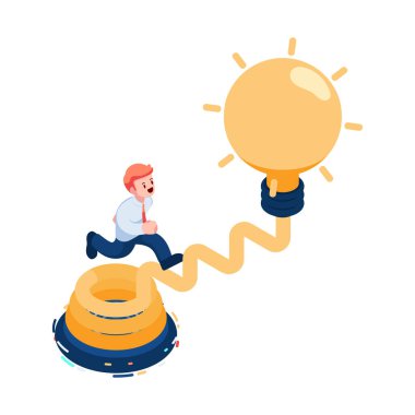 3D Isometric İşadamı Merdivenden çıkıp Fikir Ampulü 'ne gidiyor. İş Fikri ve Fırsat Kavramı.